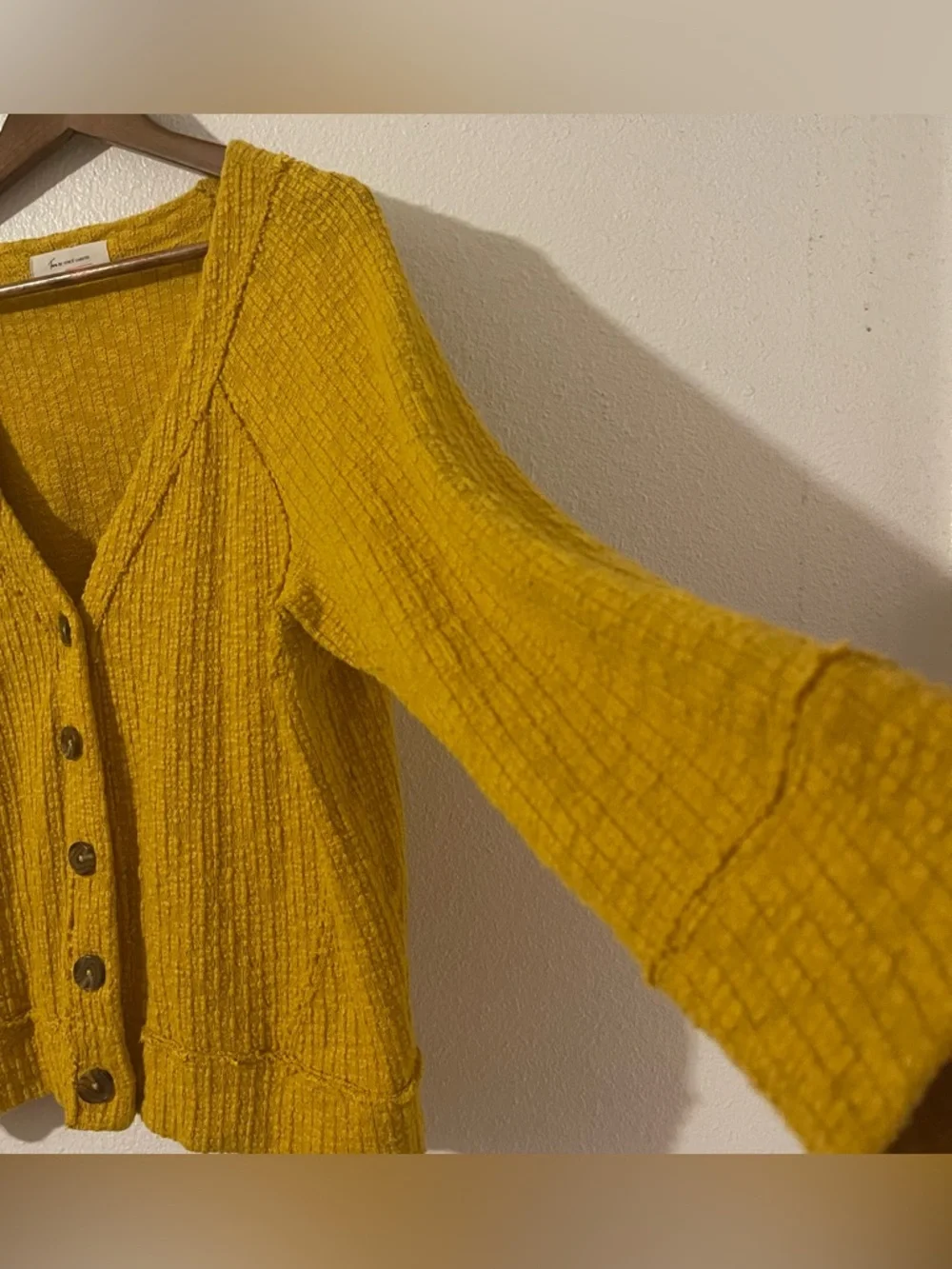Two by Vince Camuto Large Mustard Textured cotton blend button-up cardigan